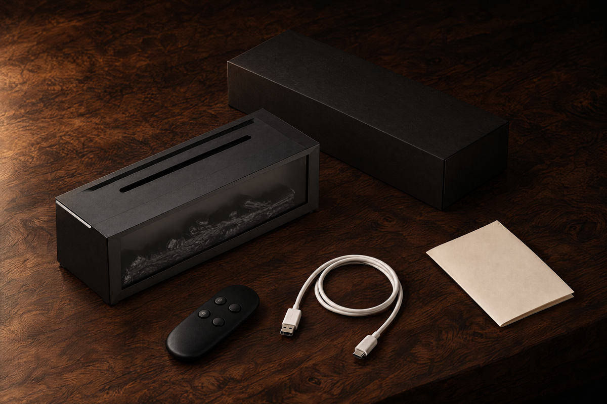 Ignis fireplace mist diffuser switched off beside its remote, USB cable, manual and packaging.