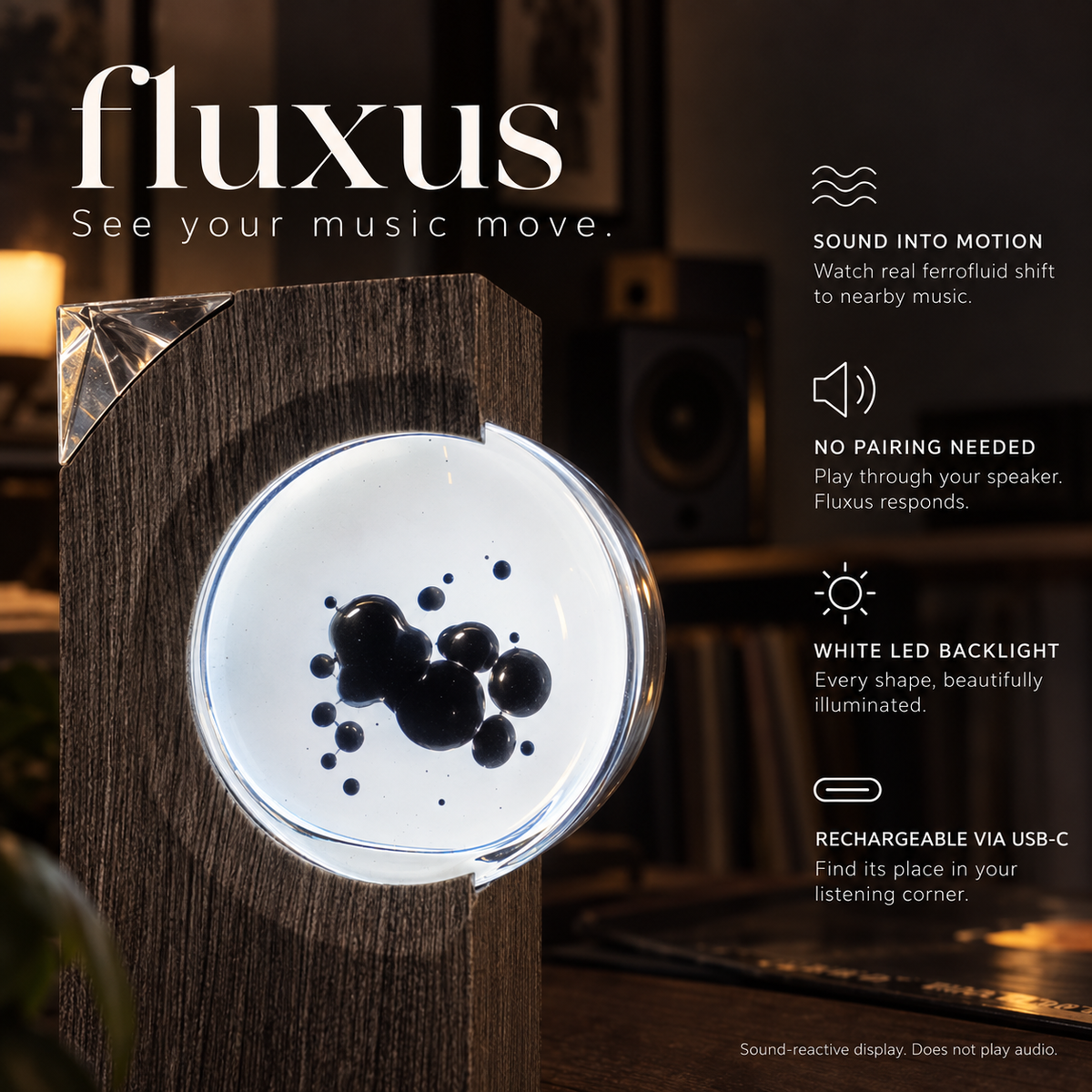 Fluxus sound-reactive ferrofluid display: music response, no pairing, white LED backlight and USB-C charging.