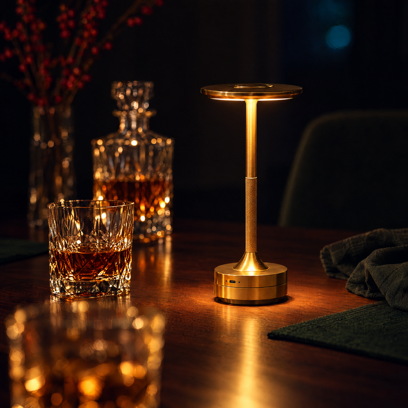 Halo table lamp in gold, glowing on a dark walnut table beside cut glass late at night