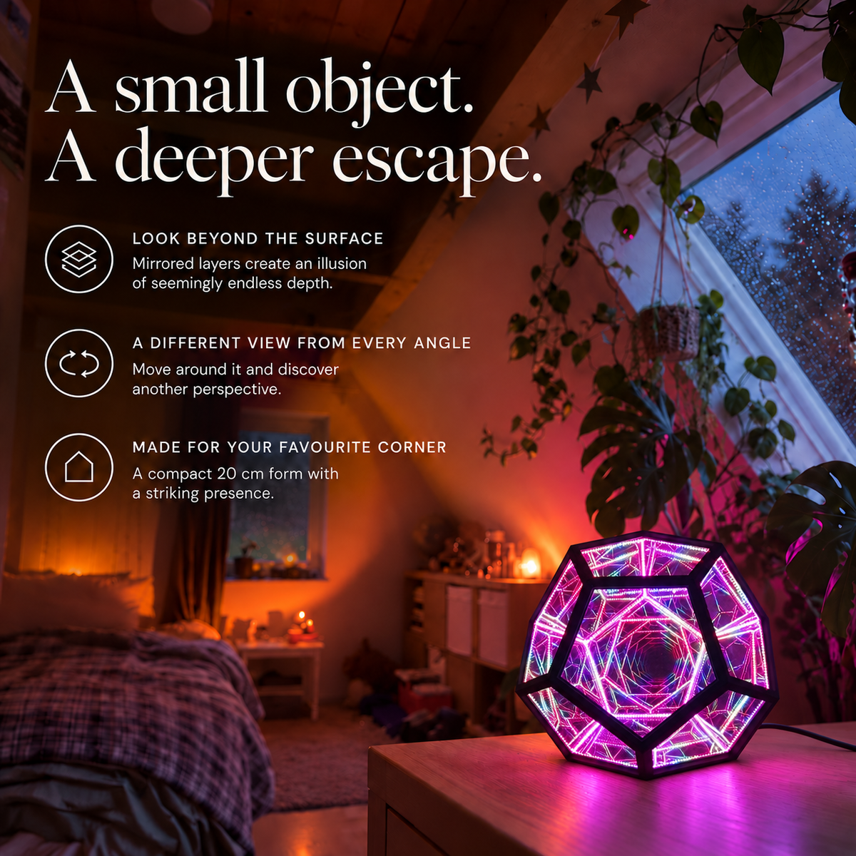 Aevum mirrored depth and compact sculptural form in a cosy attic room