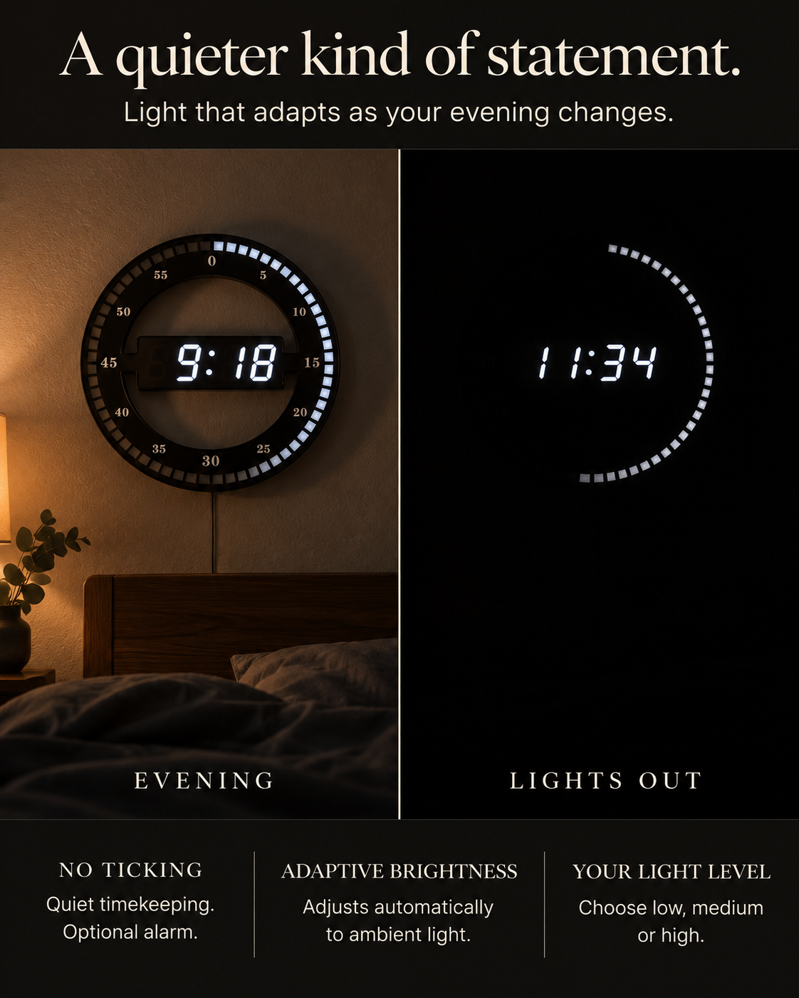 Circa in evening light and darkness: silent timekeeping and automatic or manual brightness