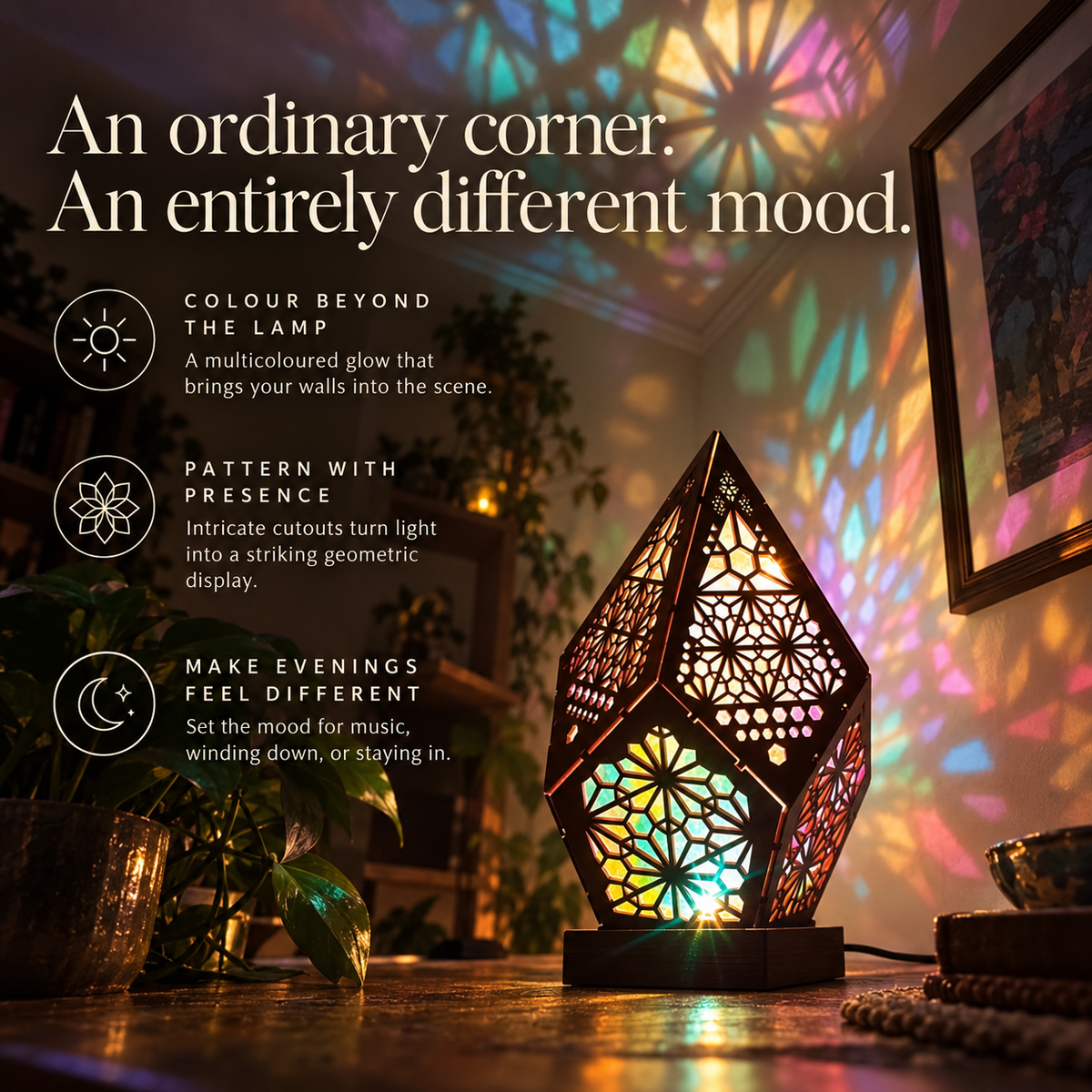 Mosa patterned light illuminating a cosy corner and ceiling