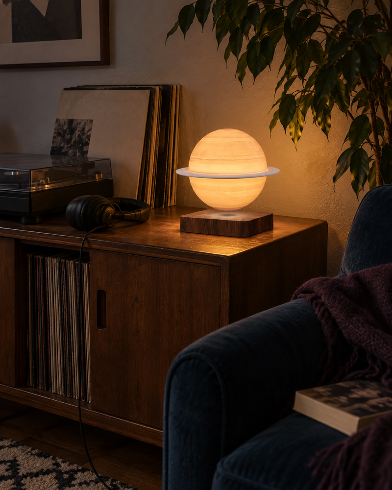 Sidera floating planet lamp on a record cabinet in a dark living room with leafy greenery