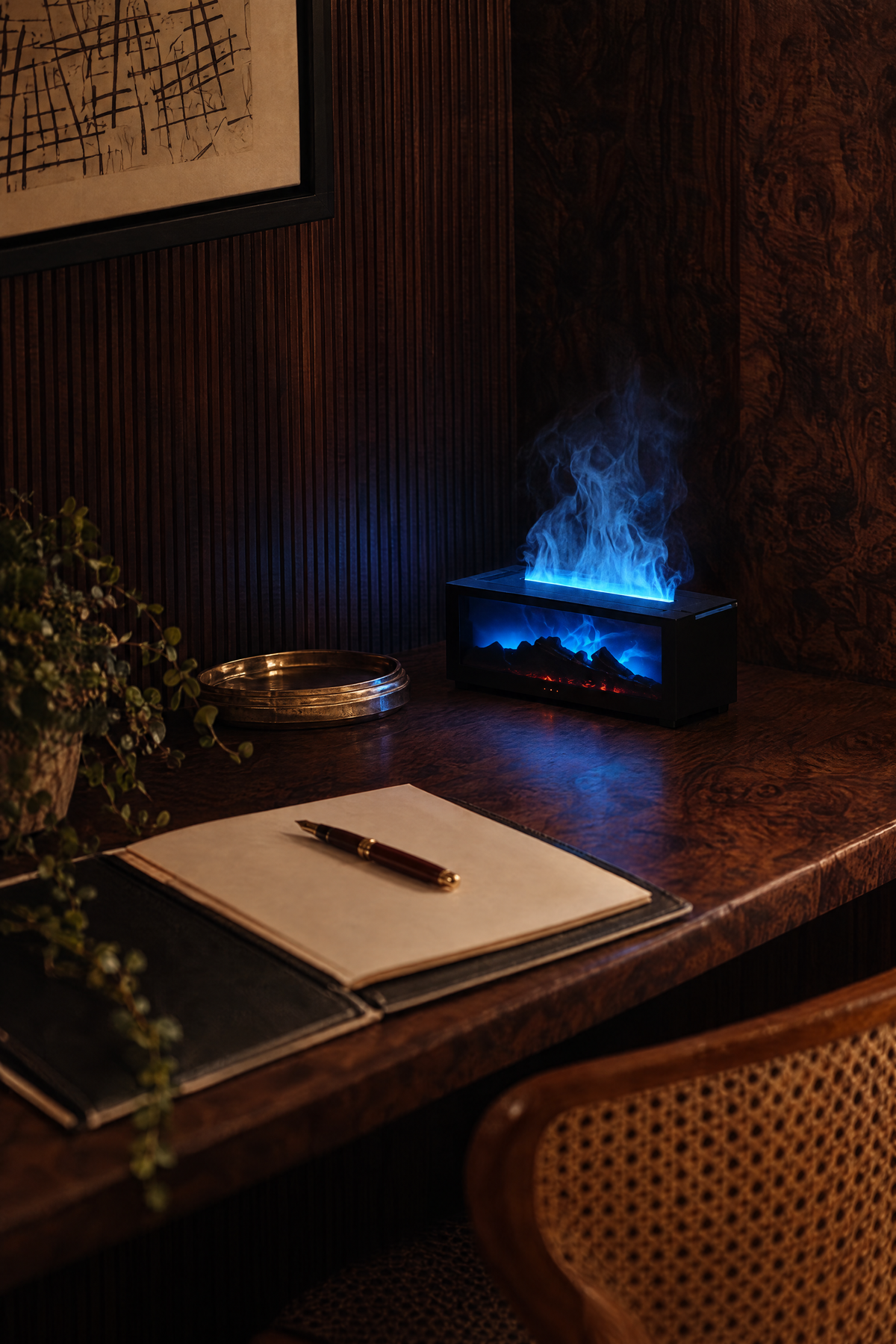 Ignis fireplace mist diffuser glowing blue on an evening writing desk