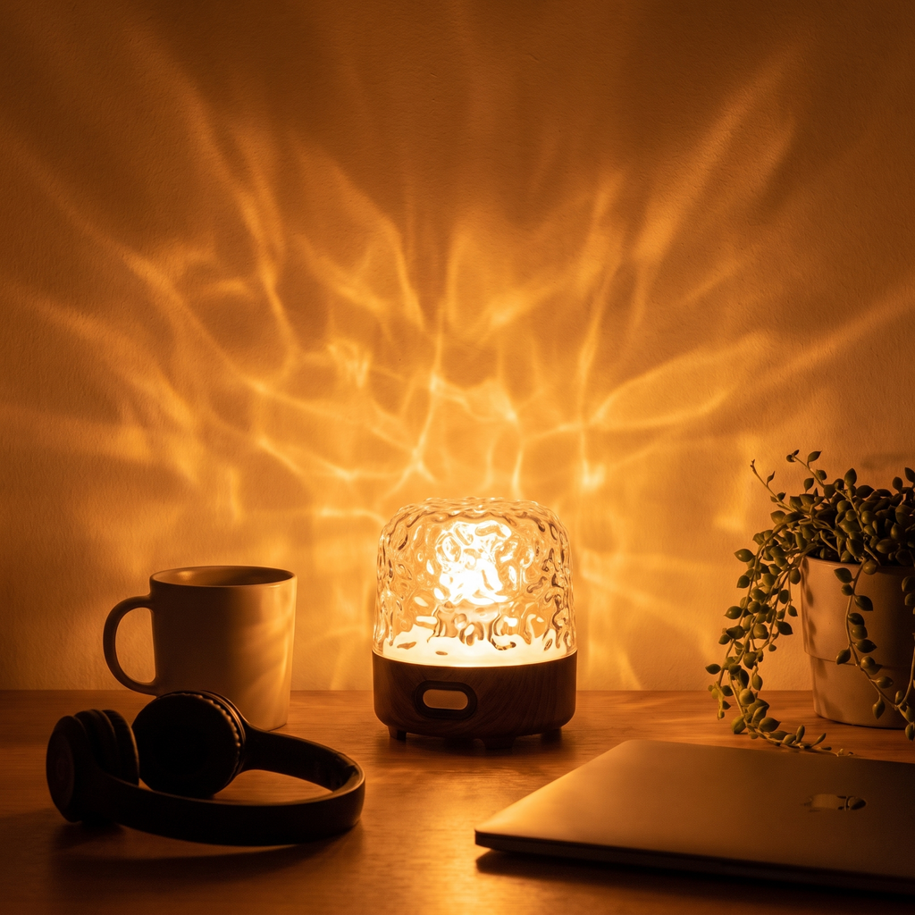The lamp on a desk at night beside a mug and headphones