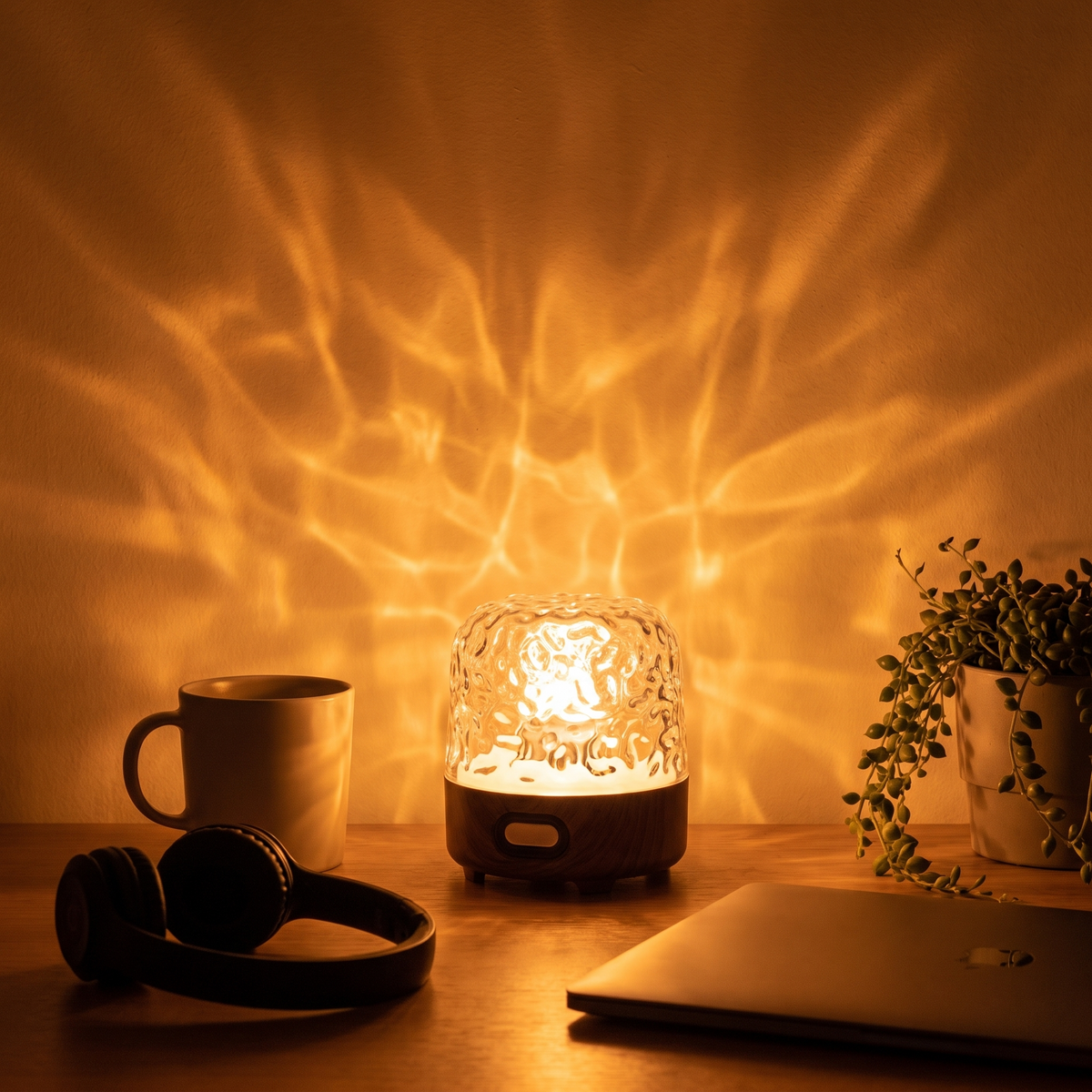 The lamp on a desk at night beside a mug and headphones
