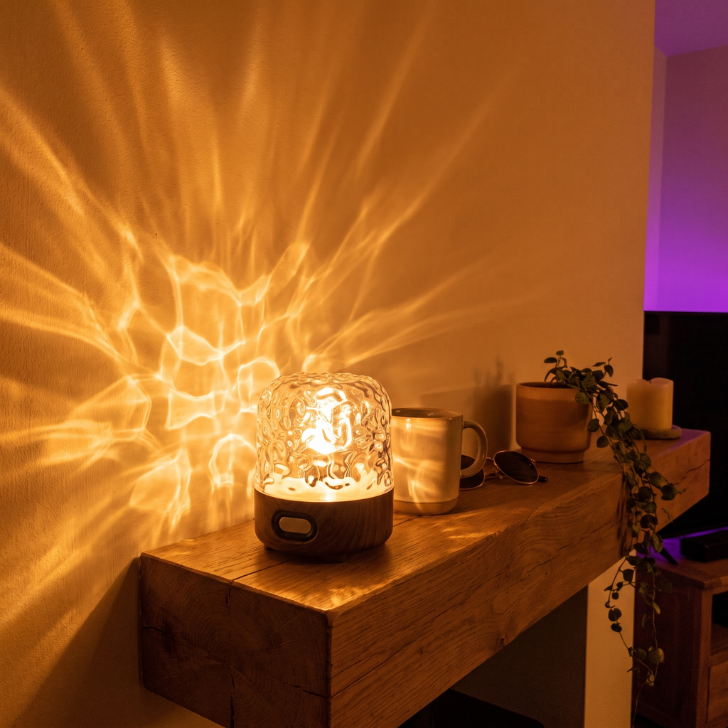The lamp on a shelf, ripple light spreading across the wall