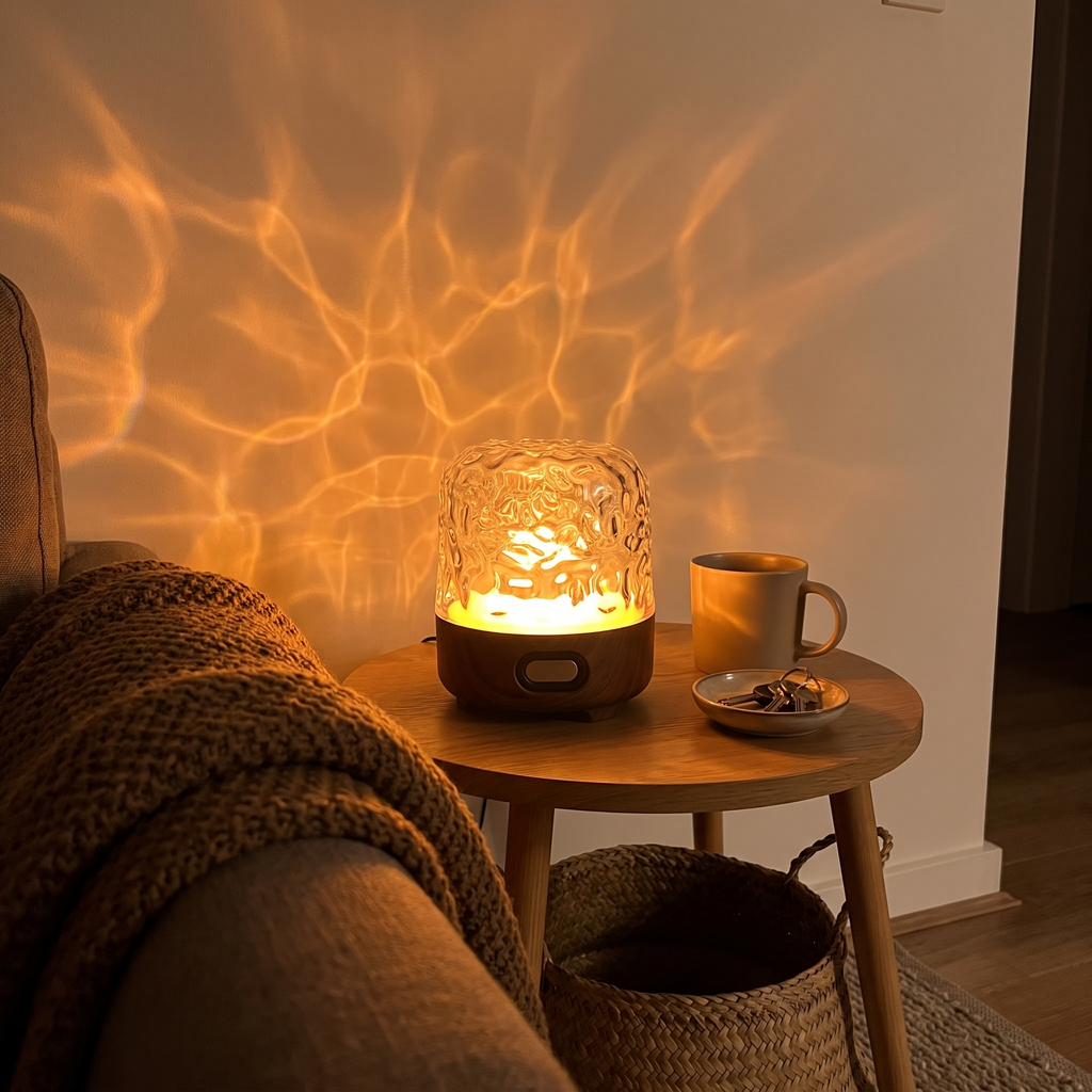 The lamp on a side table beside a sofa, ripple pattern on the wall