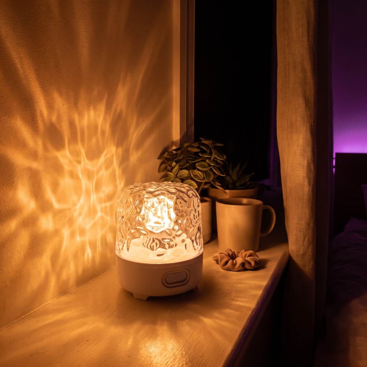 Shoal ripple table lamp, white base, lit on a windowsill with the water pattern on the wall