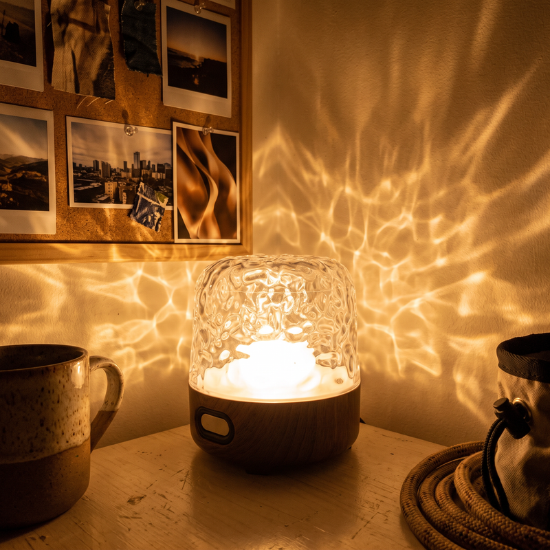 Shoal ripple table lamp lit on a desk at night, water pattern across the wall
