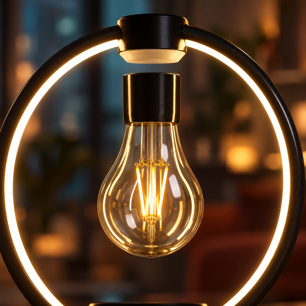 Close-up of Aeris floating glass bulb and warm LED ring, showing the magnetic suspension gap
