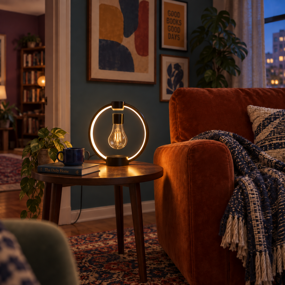 Aeris levitating bulb lamp beside a rust-coloured chair in a teal evening reading room