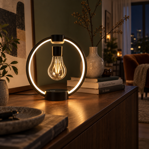 Aeris black levitating bulb lamp with a warm illuminated ring on a walnut console