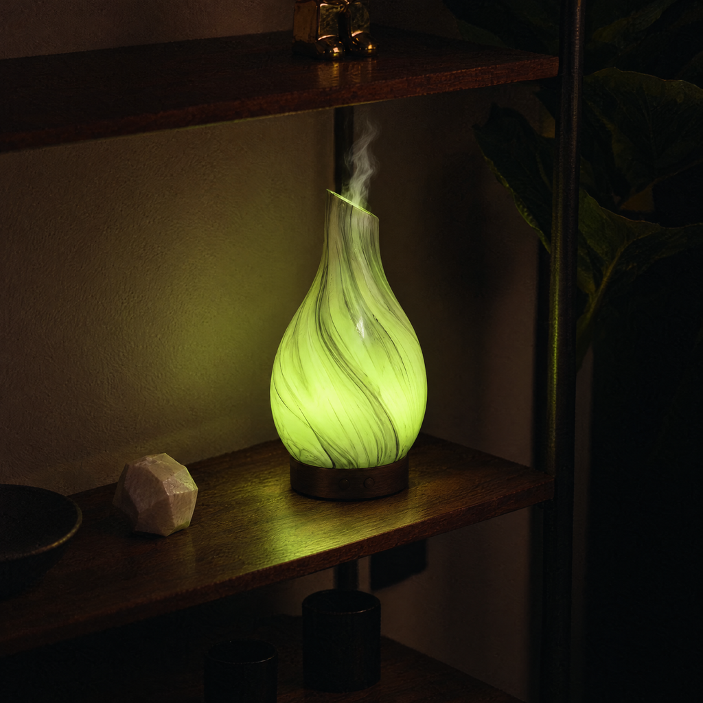 Stria slanted-neck glass diffuser glowing green on a walnut shelf