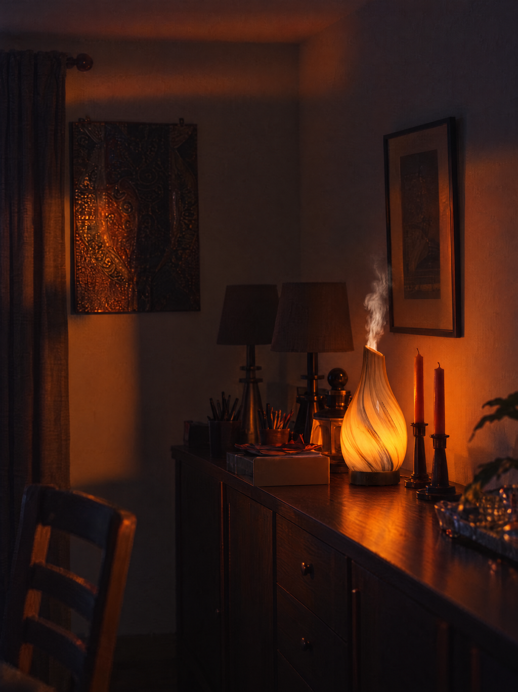 Stria glowing orange on a dark sideboard with mist rising from its angled opening