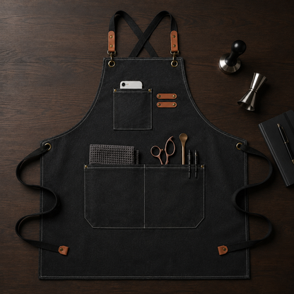 Canvas Barista & Bar Apron with Utility Pockets and Adjustable Straps