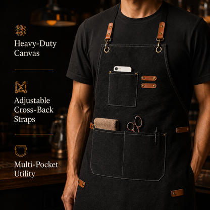 Canvas Barista & Bar Apron with Utility Pockets and Adjustable Straps