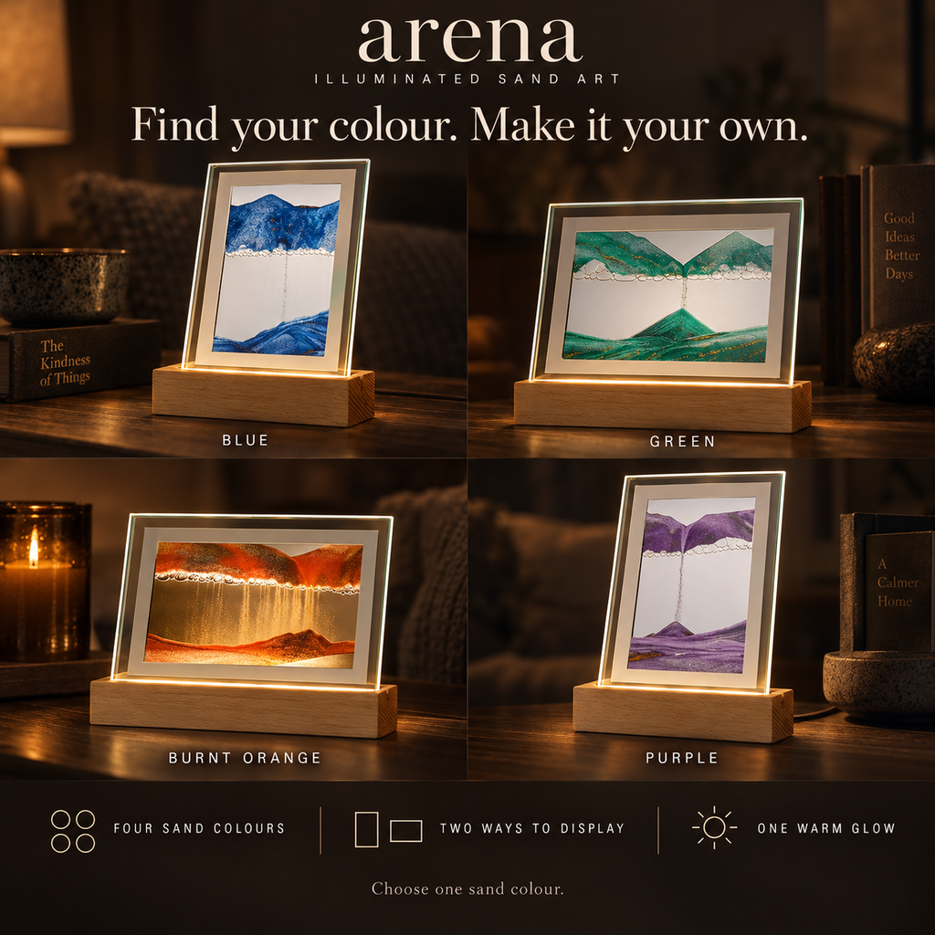 Arena sand colour options: Blue, Green, Burnt Orange and Purple, shown in portrait and landscape with warm illumination. Choose one sand colour.