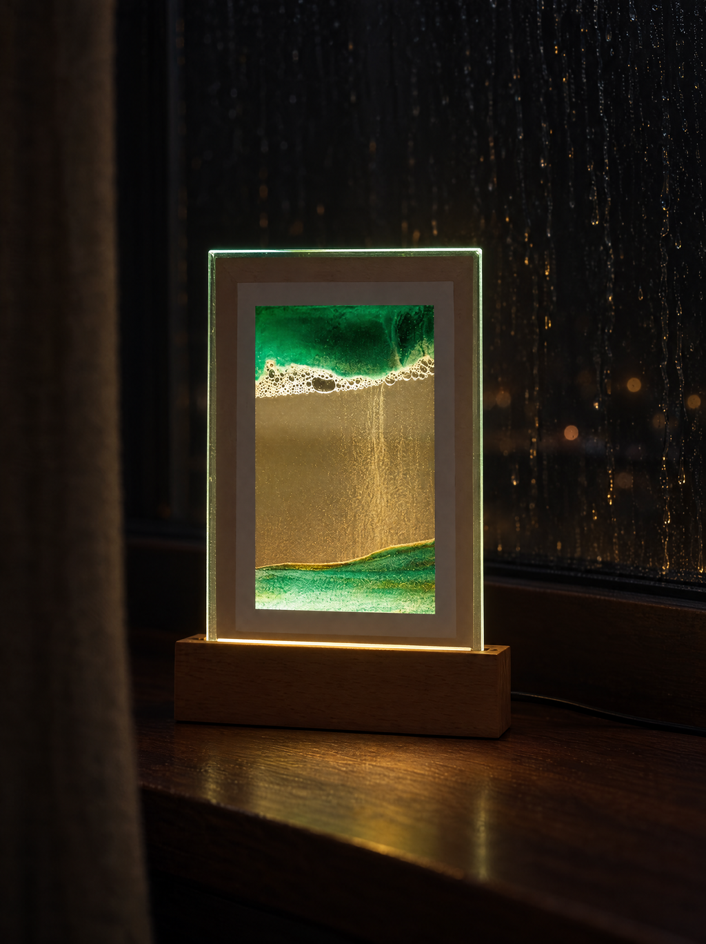 Green sand art standing vertically in its illuminated wooden base by a rainy window