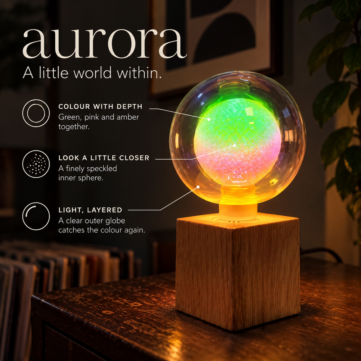 Aurora — a little world within: layered glass and speckled colour