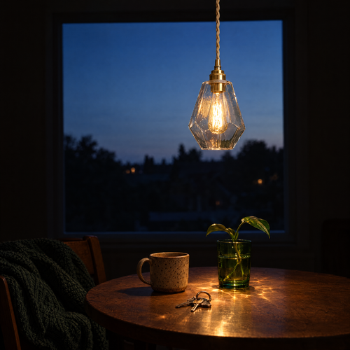 Aurum faceted glass pendant light lit over a small round table at blue hour, a dark room with a cool blue window behind