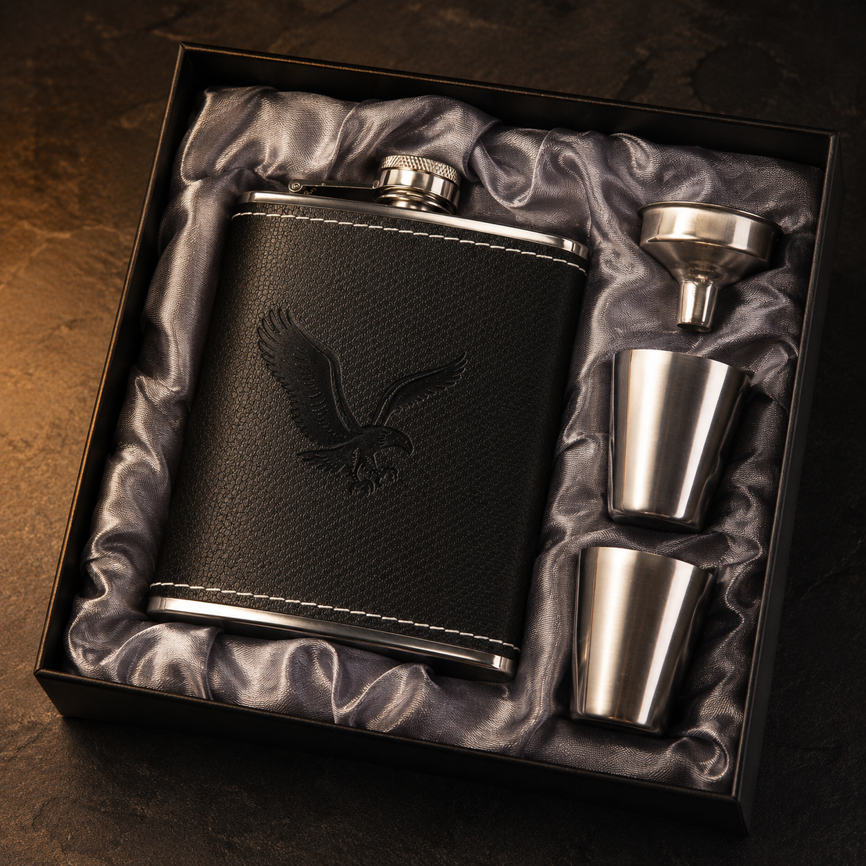 Leather-Style Hip Flask Gift Set with Shot Cups