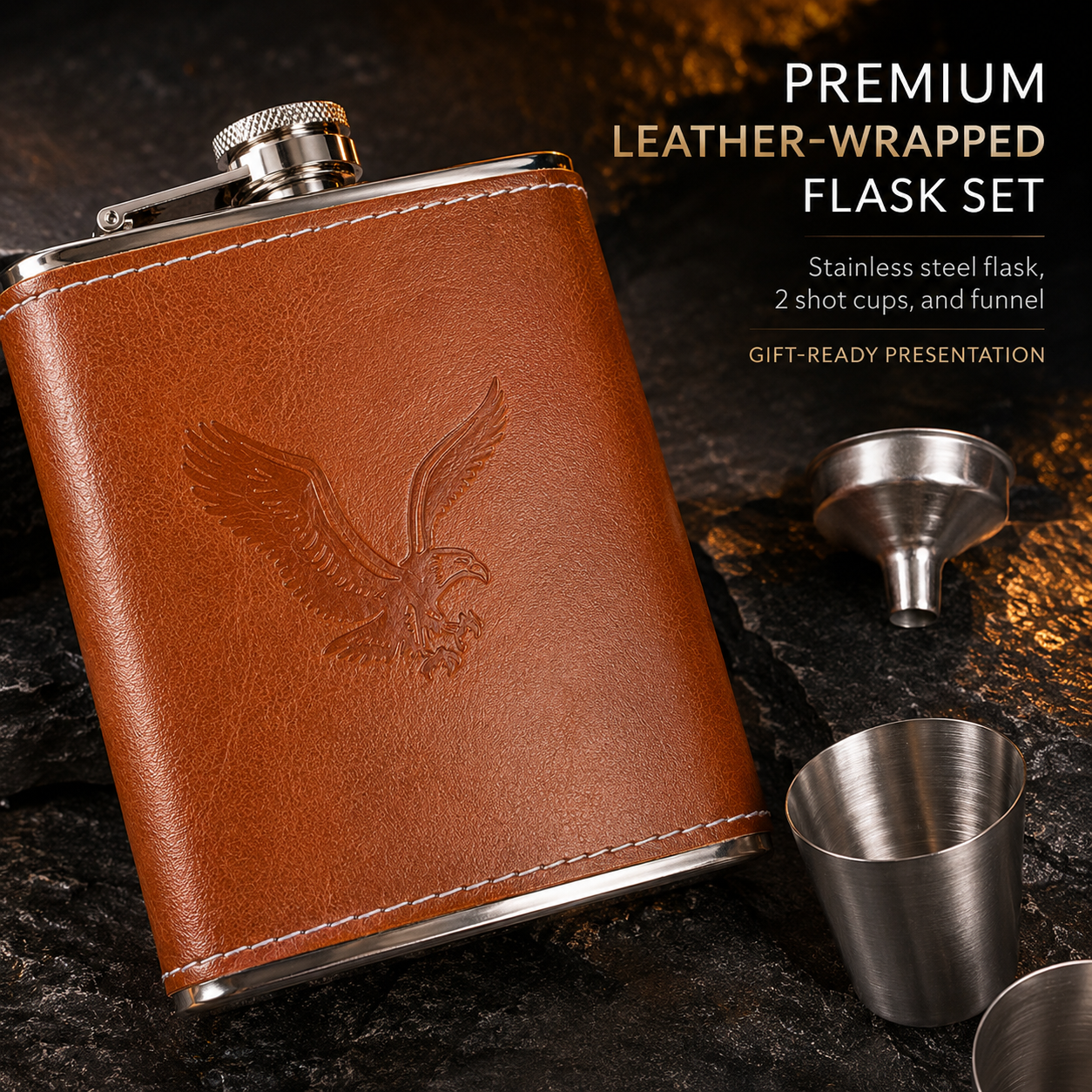 Leather-Style Hip Flask Gift Set with Shot Cups