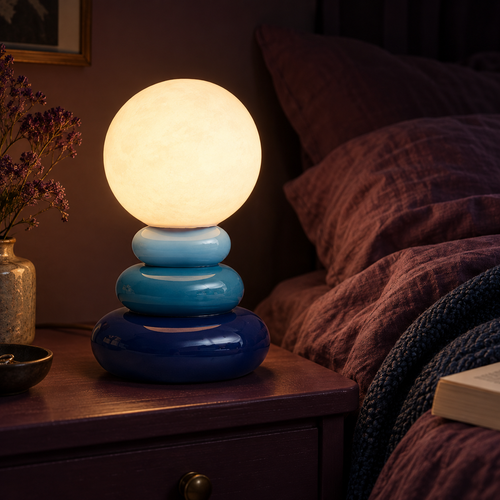 Cairn blue table lamp glowing beside plum bedding