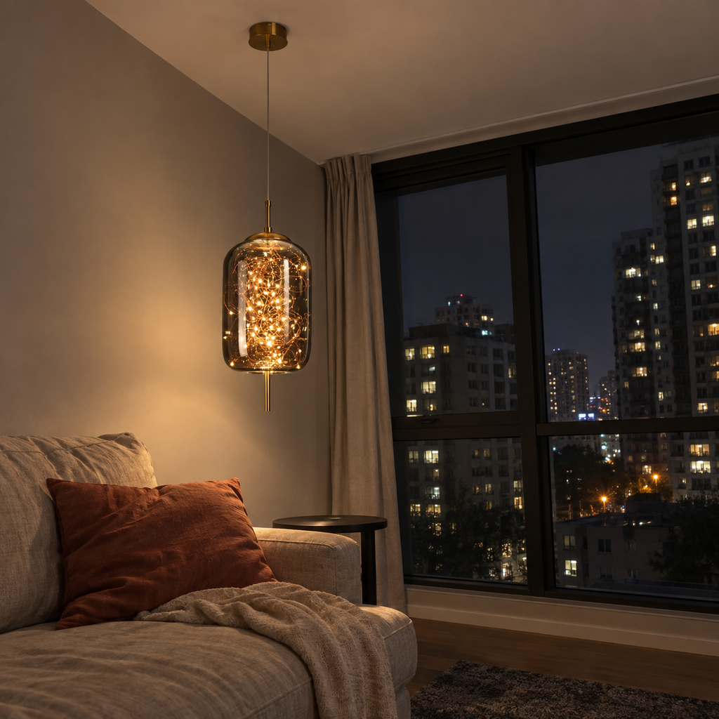 Caligo Capsule pendant in smoked grey glass, warm LED wires lit inside, hanging beside a window at night