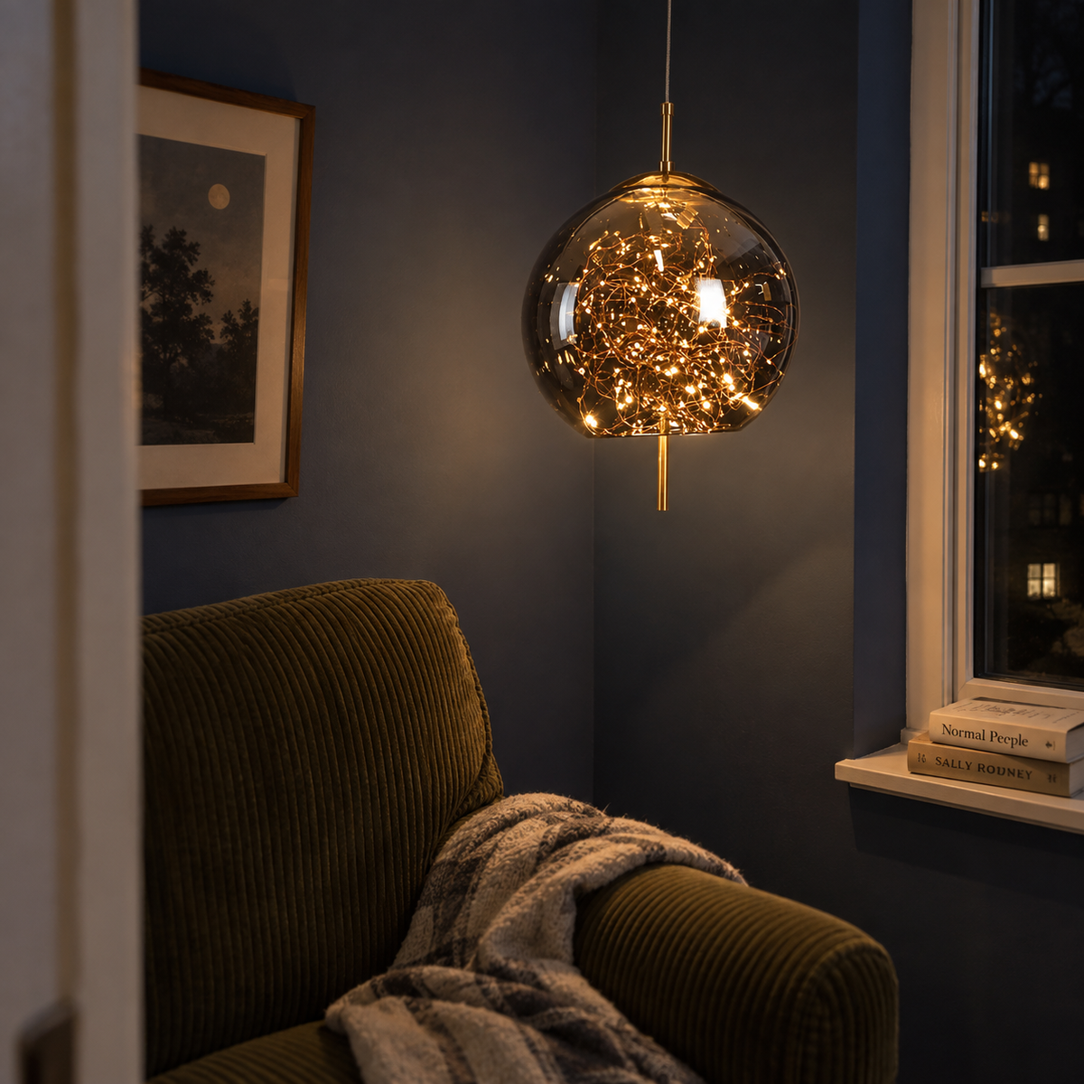 Caligo Dome pendant in smoked grey glass, warm LED wires lit inside, hanging in a dark reading corner