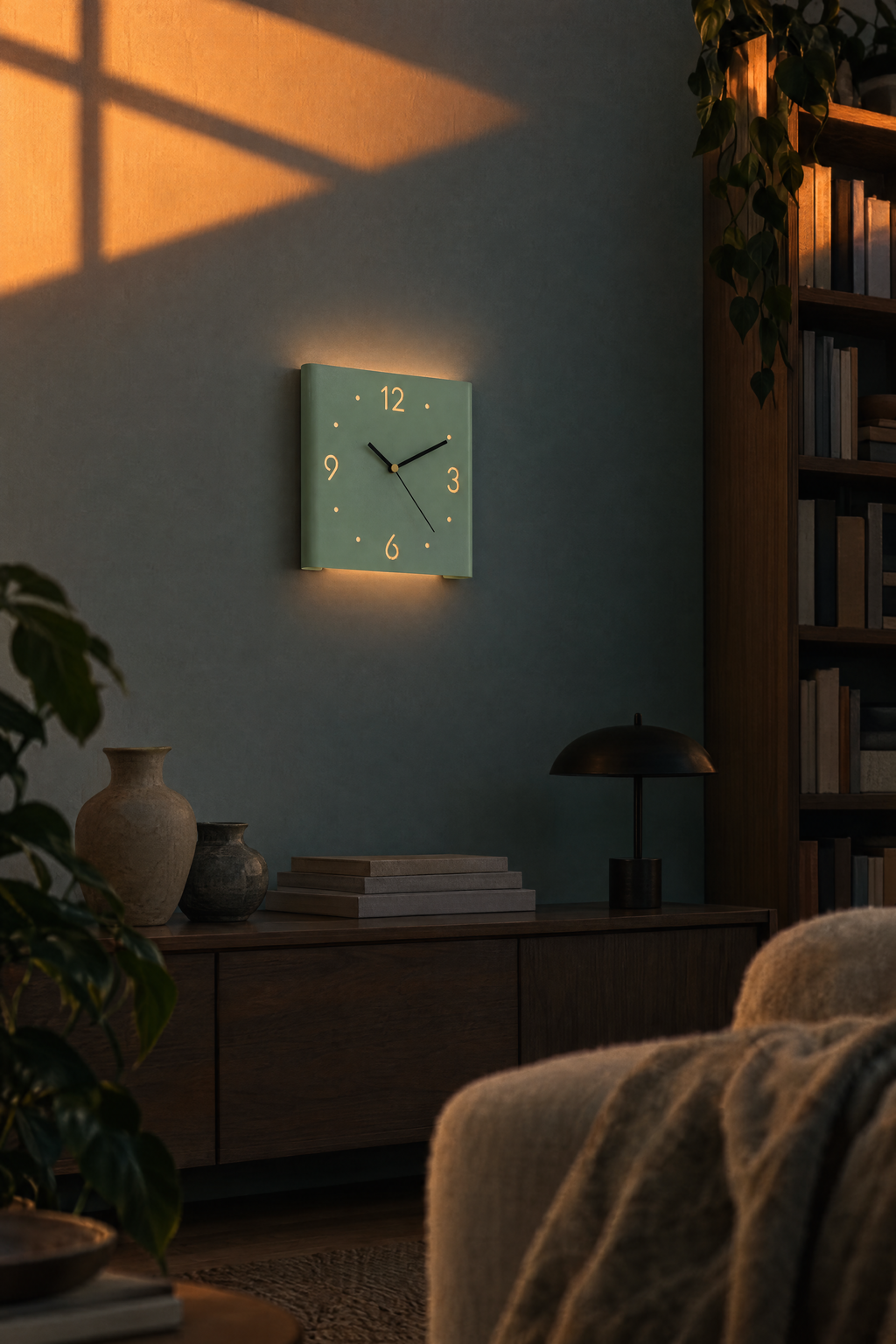 Linea wall clock in Light Green above a wood console in a sunset study