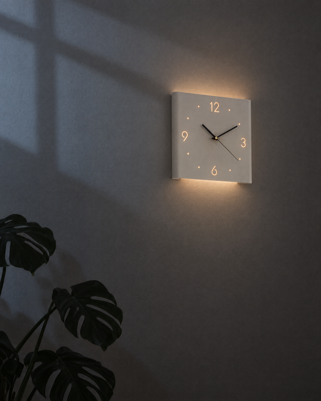 Linea backlit wall clock in Cream White with warm light above and below