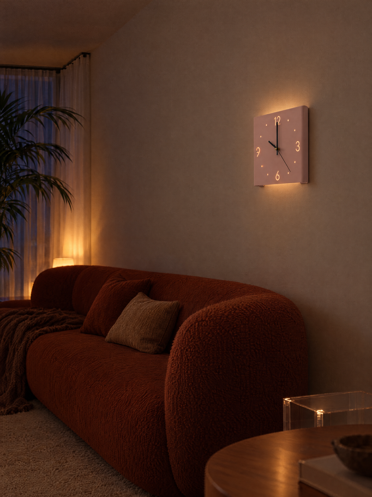 Linea wall clock in Light Pink glowing above a sofa at dusk
