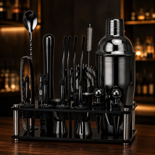 20-Piece Black Cocktail Shaker Set with Stand
