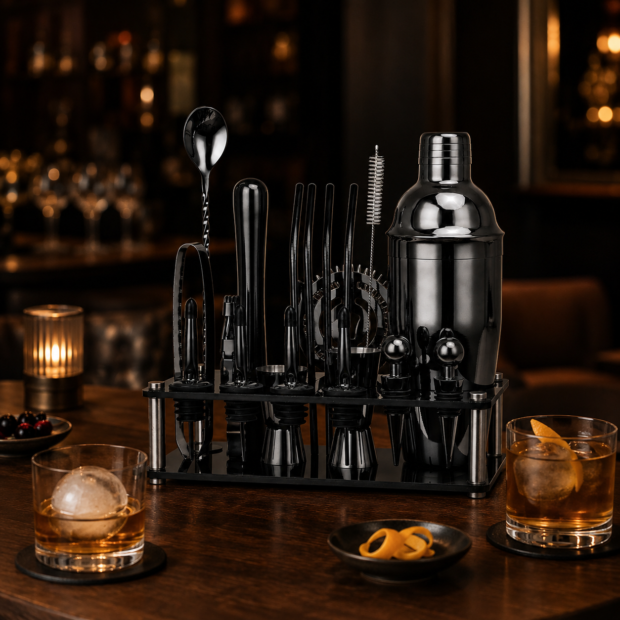 20-Piece Black Cocktail Shaker Set with Stand