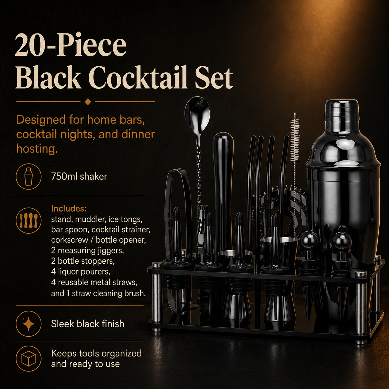 20-Piece Black Cocktail Shaker Set with Stand