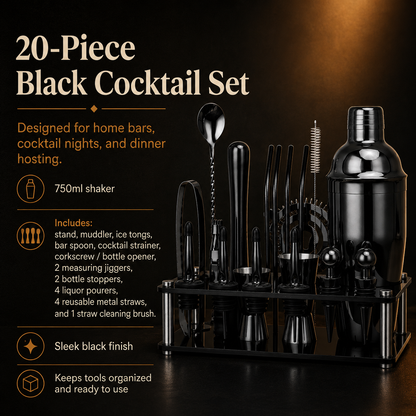 20-Piece Black Cocktail Shaker Set with Stand
