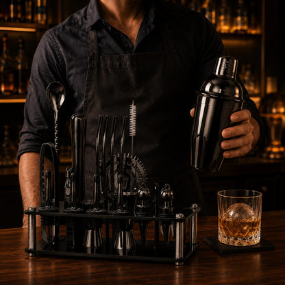 20-Piece Black Cocktail Shaker Set with Stand
