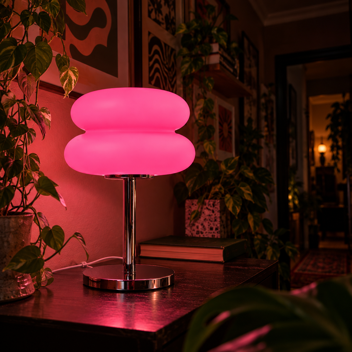 Pink Cumulus lamp in a moody room