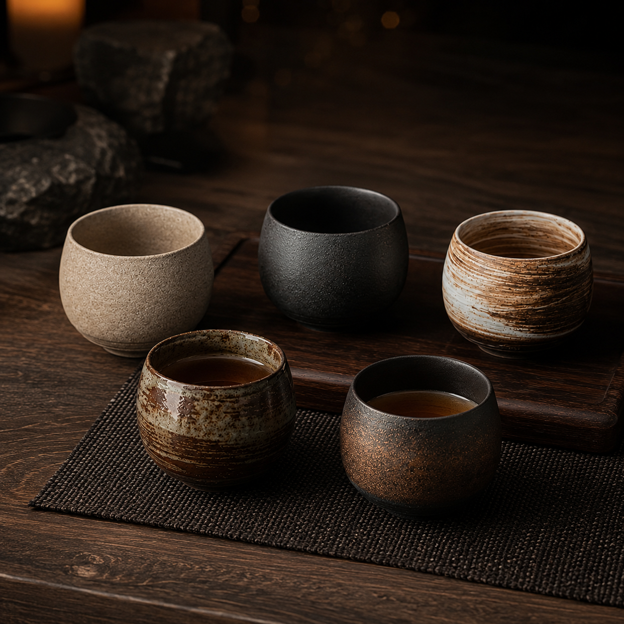 5-Piece Rustic Ceramic Tea Cup Set – Mixed Glazes