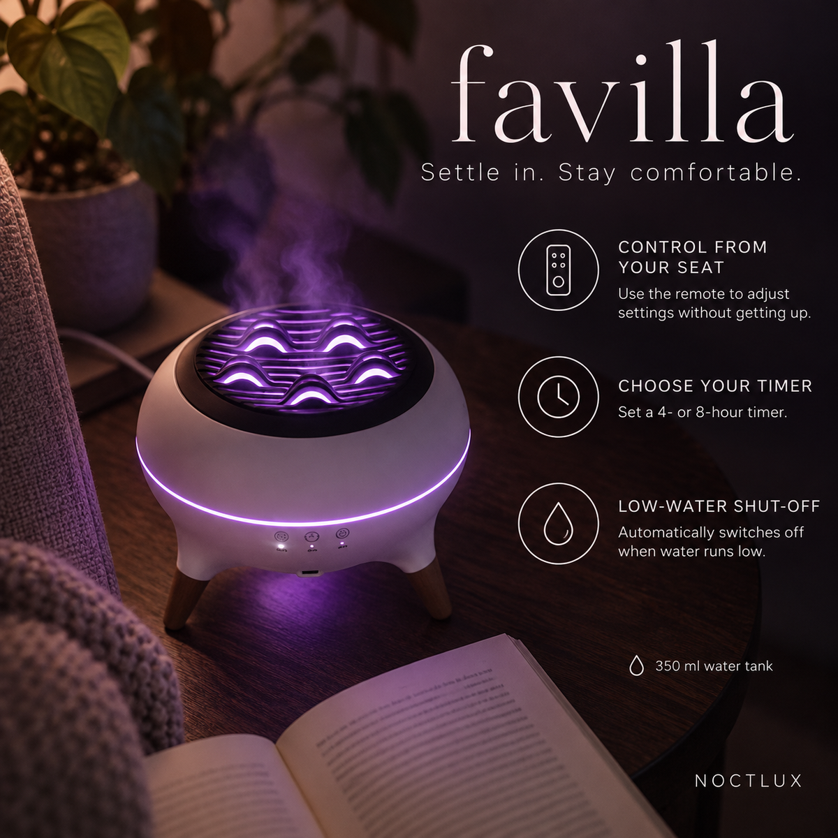Favilla in violet beside a reading chair: remote control, 4 or 8-hour timer, low-water shut-off and 350 ml tank.