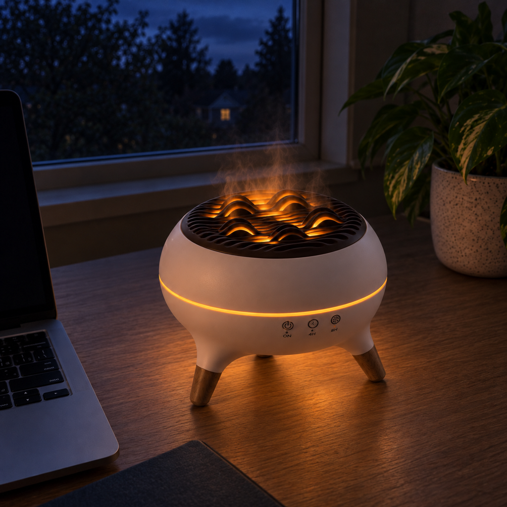 Favilla white aroma diffuser with amber-lit sculpted grille on a desk at blue hour