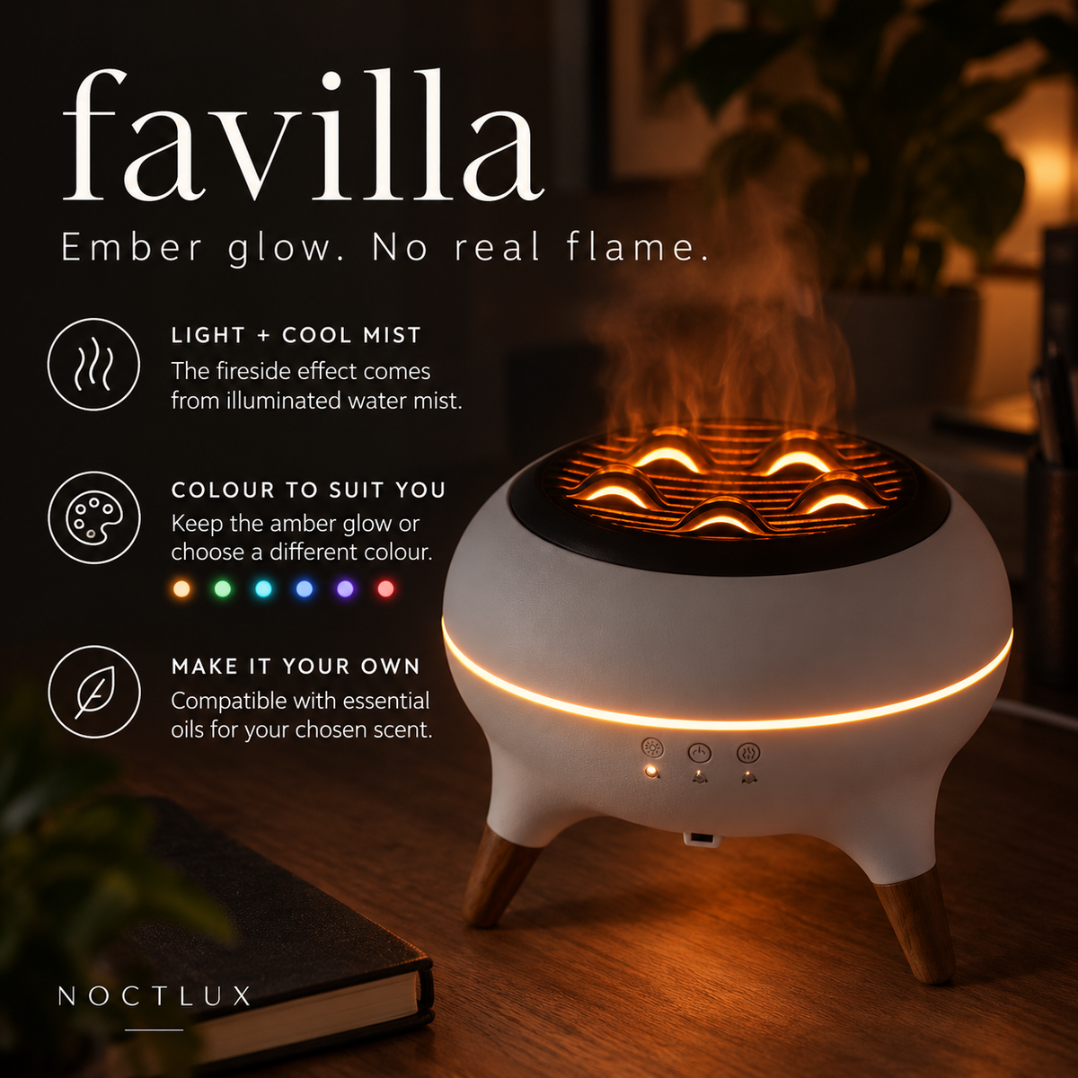 Favilla amber illuminated mist infographic: no real flame, colour choice and essential-oil compatibility.