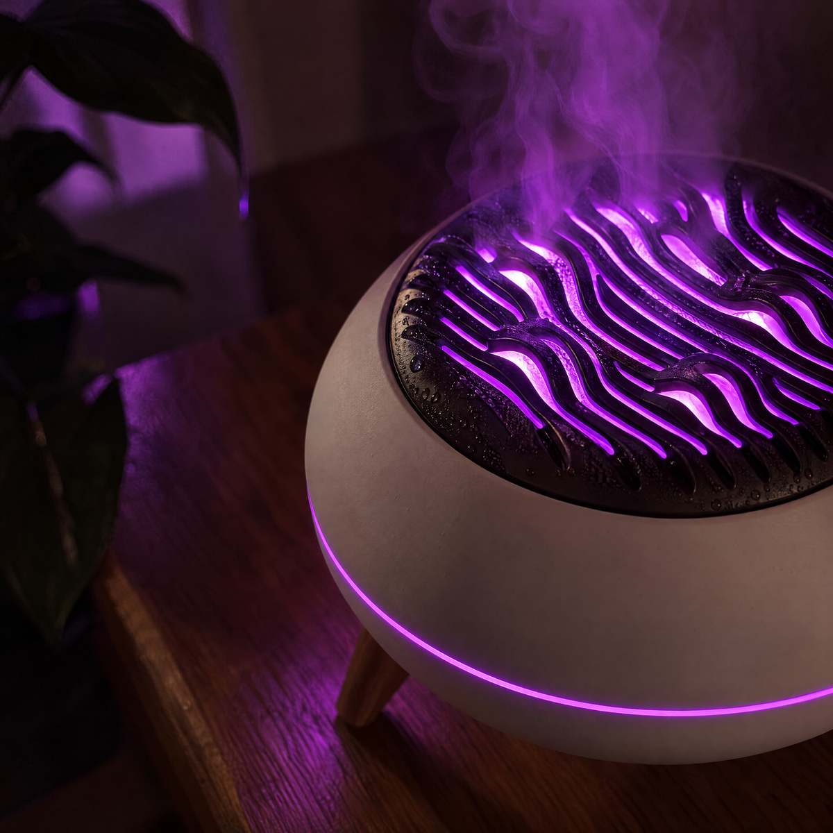 Close view of Favilla's sculpted grille illuminated purple