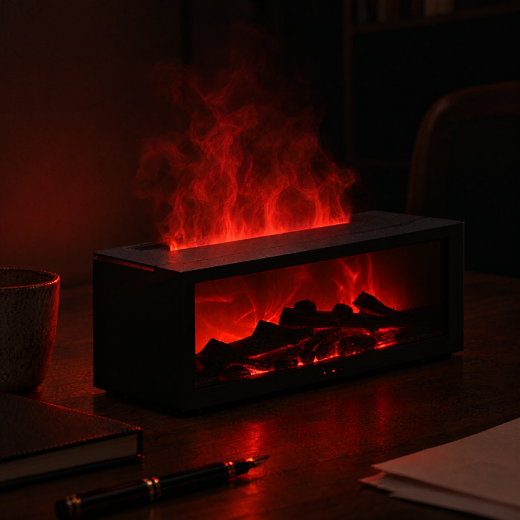 Black Ignis fireplace mist diffuser with red illuminated mist and a glowing ember bed in a dark room.
