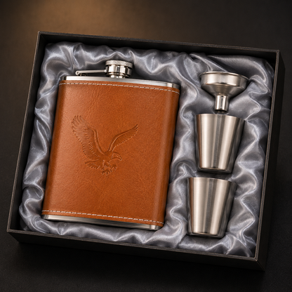 Leather-Style Hip Flask Gift Set with Shot Cups