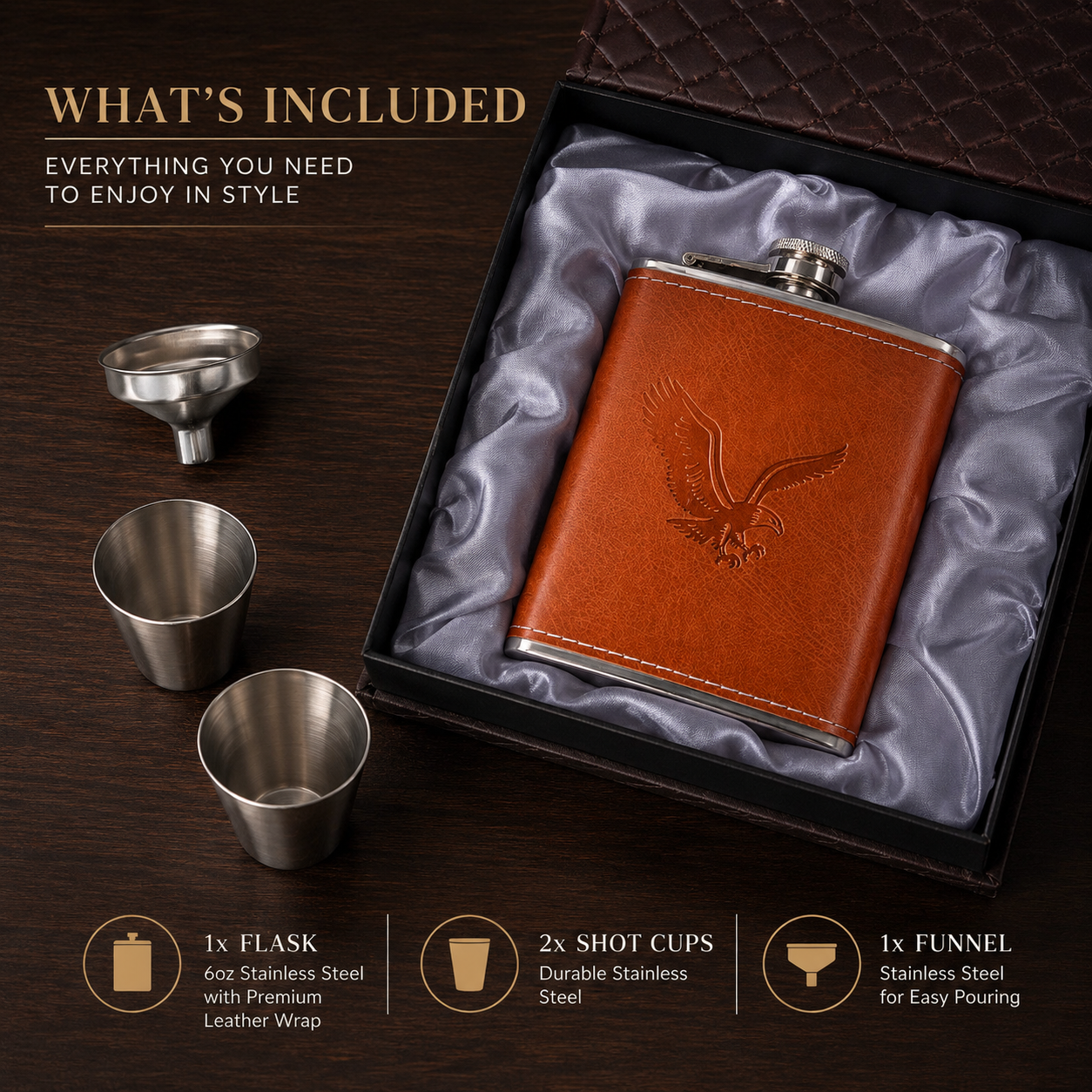 Leather-Style Hip Flask Gift Set with Shot Cups