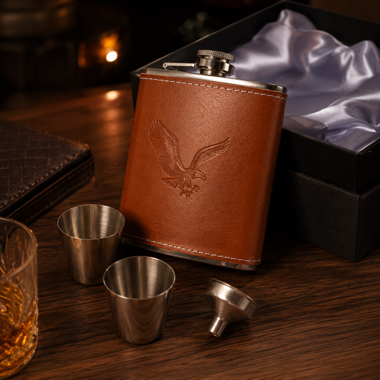 Leather-Style Hip Flask Gift Set with Shot Cups