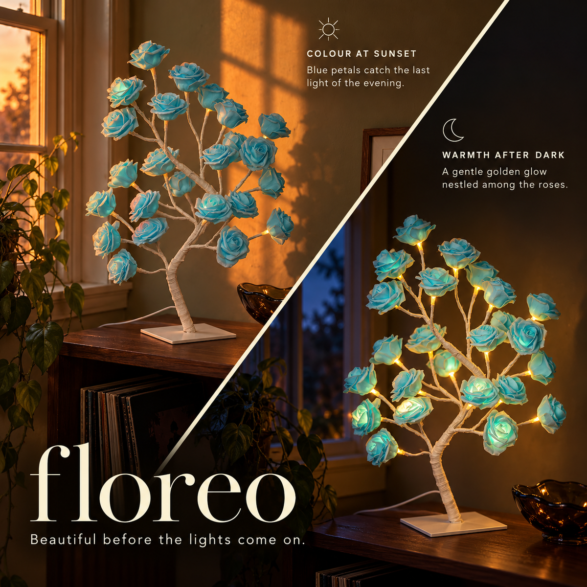 Blue Floreo rose lamp beside a window at sunset and glowing warmly after dark.