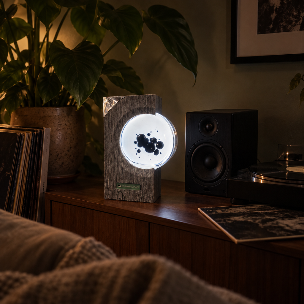 Fluxus glowing beside a separate speaker and turntable in a dark listening nook with a leafy plant.
